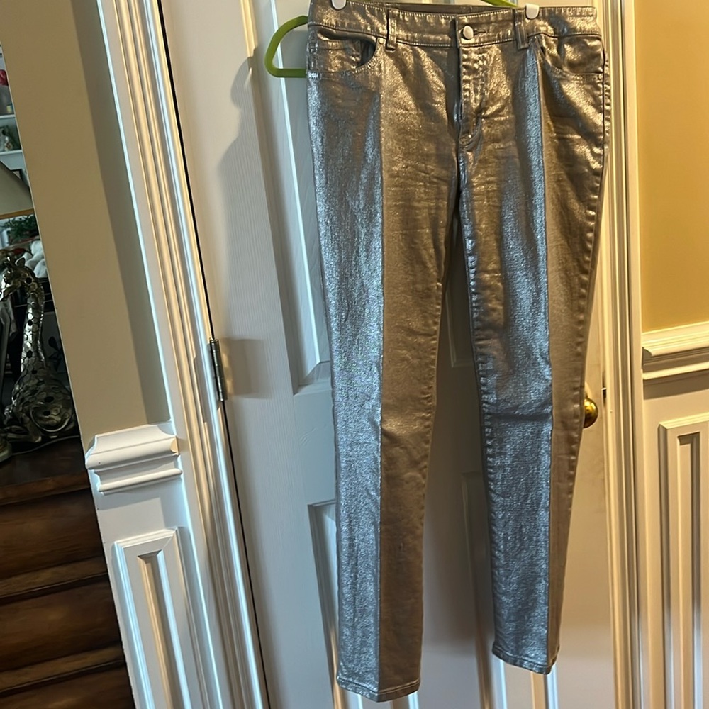 New jeans from Chicos  silver fabric with some stretch. Never worn.